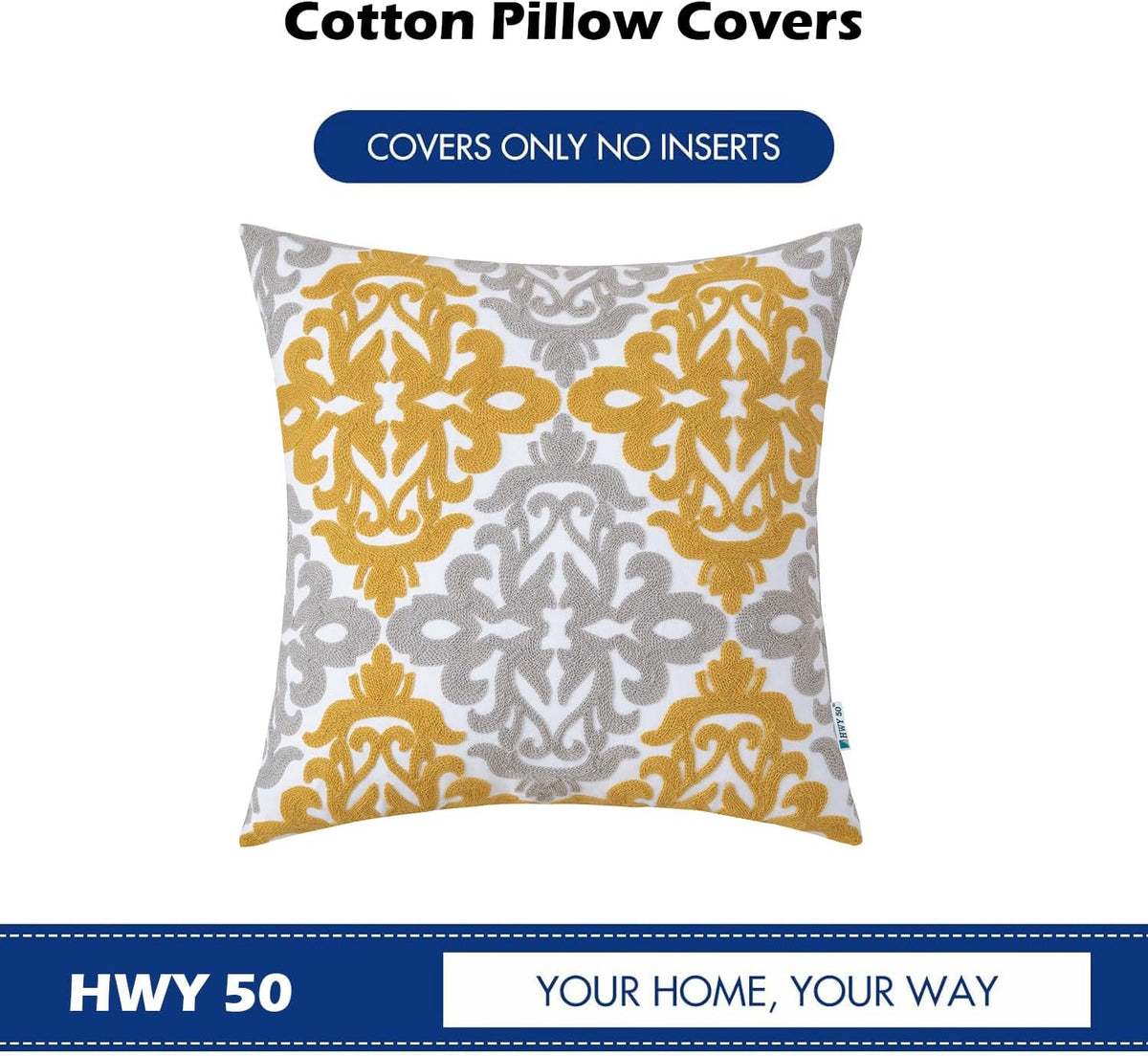 HWY 50 Mustard Yellow Decorative Throw Pillow Covers 18x18 Inch (1 Piece), Embroidered Cotton