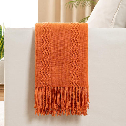 MIULEE Burnt Orange Knitted Throw Blanket for Couch Boho Textured Cozy Woven Blanket with Tassels