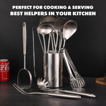 18/10 Stainless Steel Kitchen Utensils Set - 12 PCS All Metal Cooking Tools & 15″ Serving Utensils