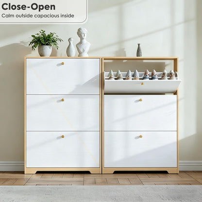 Nicetree Shoe Storage Cabinet with 3 Flip Drawers, Natural Oak and White