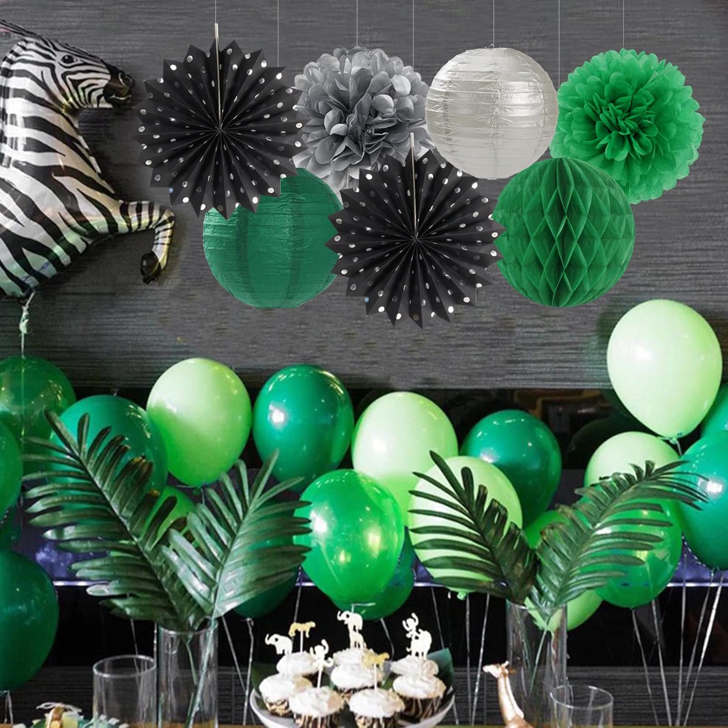 Black-Green Silver Party-Decorations Streamers Lanterns - 14pcs Graduation 2025 Paper Lanterns
