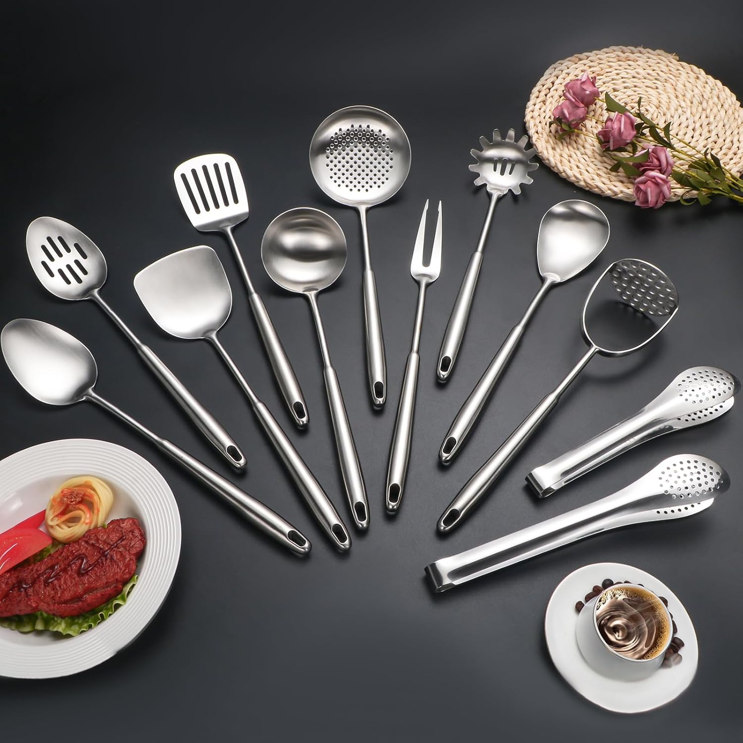 304 Stainlss Steel Kitchen Utensils Set, 12 Pcs Long Metal Cooking Utensil Gadgets Tools Set with