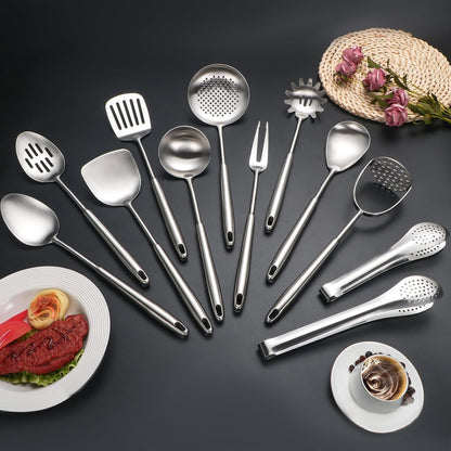 304 Stainlss Steel Kitchen Utensils Set, 12 Pcs Long Metal Cooking Utensil Gadgets Tools Set with