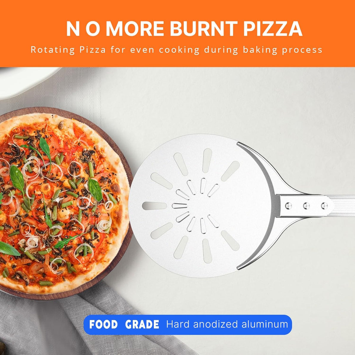Pizza Turning Peel, 8-inch Pizza Peel Turner Spinner, Long Handle Perforated Aluminum Pizza Peel