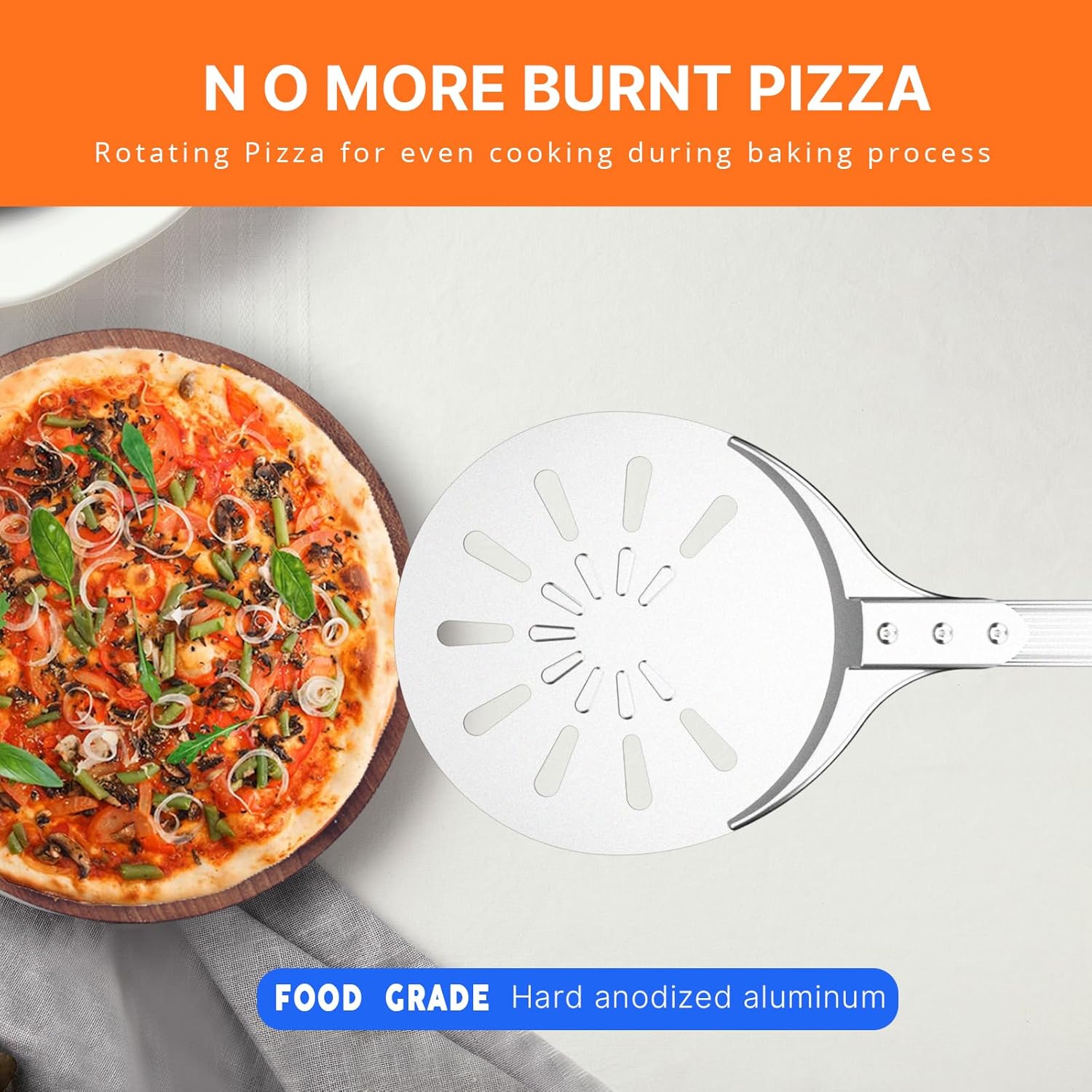 Pizza Turning Peel, 8-inch Pizza Peel Turner Spinner, Long Handle Perforated Aluminum Pizza Peel