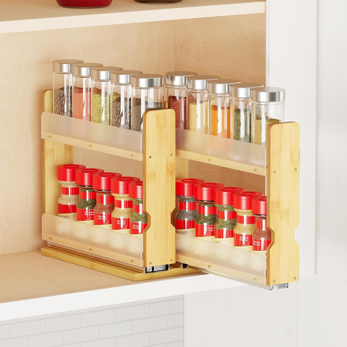 SpaceAid Bamboo Pull Out Spice Rack Organizer for Cabinet, Heavy Duty Slide Out Seasoning Kitchen