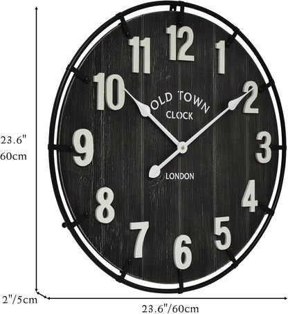 Large Old Town Farmhouse Wall Clock – 24 Inches Rustic Antique Wood with Metal Circle and Large