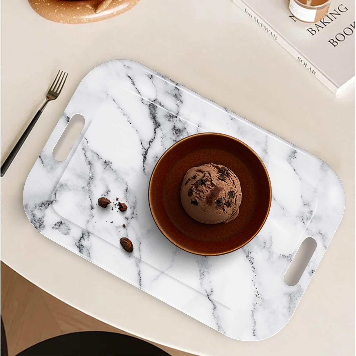 Serving Trays with Handles, 14.5 x 9.8 inch Rectangular Plastic Tray for Restaurant, Kitchen, Gray