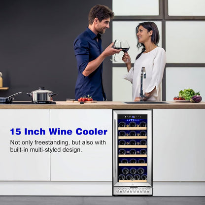 Tylza 15 Inch Wine Cooler Under Counter, 33 Bottle Built-in Wine Fridge with Stainless Steel
