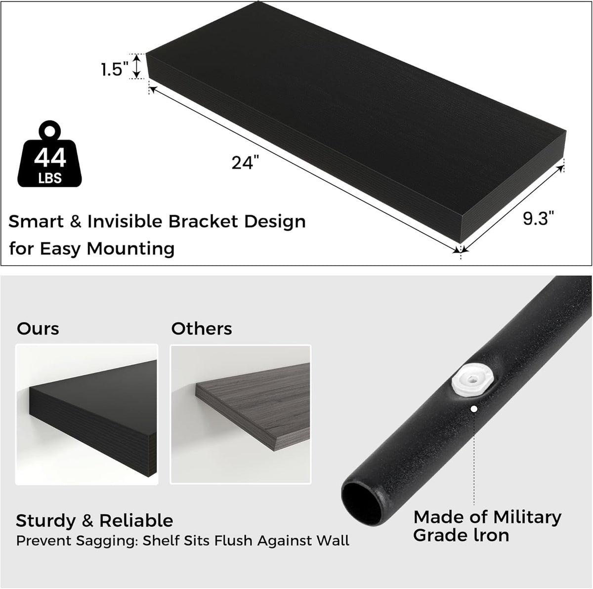Floating Shelves - 2 Large Wall Mounted Shelves with Invisible Brackets, Long Wood Floating Wall