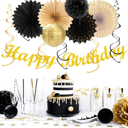 Black Gold Women-Men Birthday Party-decorations - 21pcs Happy Banner,Paper Streamers Lanterns