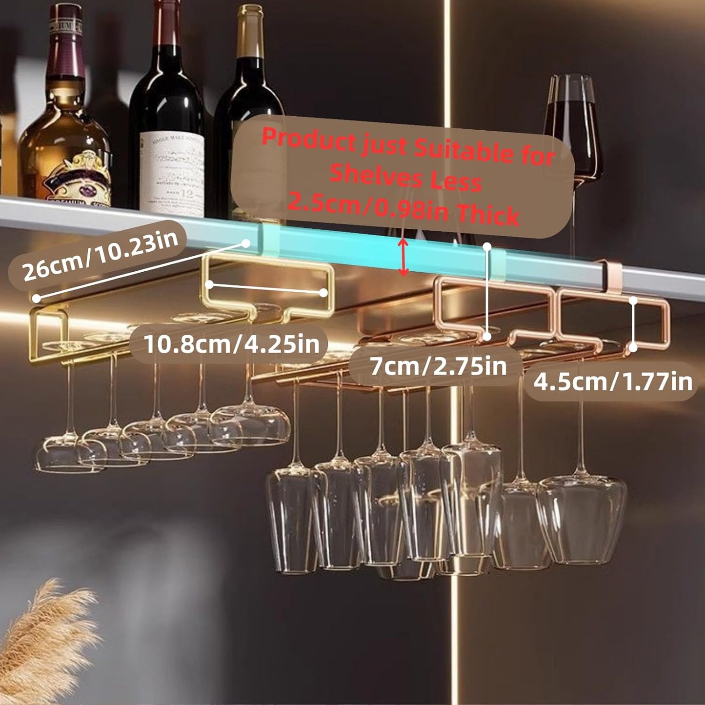 LINFIDITE 2 Pack Under Cabinet Wine Glass Rack Rose Gold Wine Glass Holder Stemware Rack Hanger