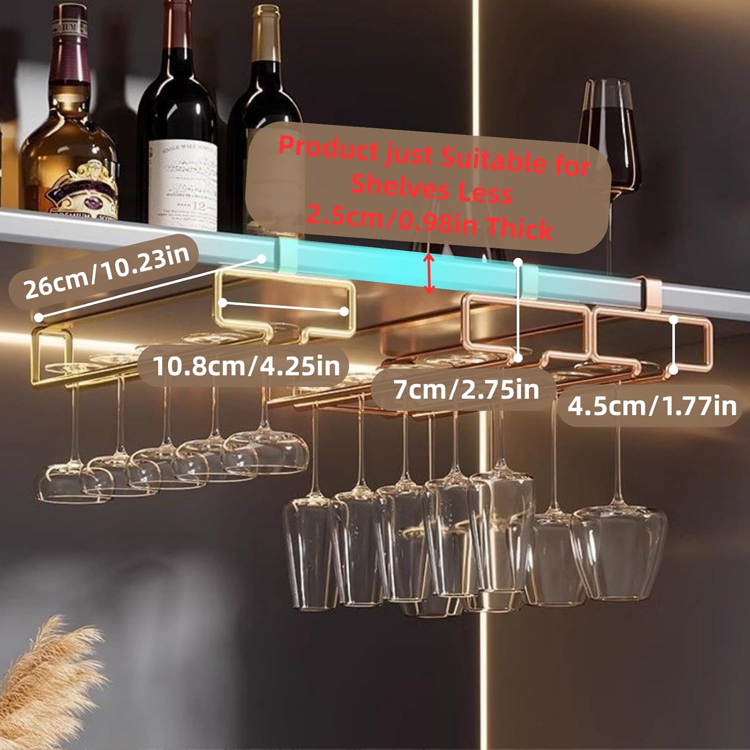 LINFIDITE 2 Pack Under Cabinet Wine Glass Rack Rose Gold Wine Glass Holder Stemware Rack Hanger