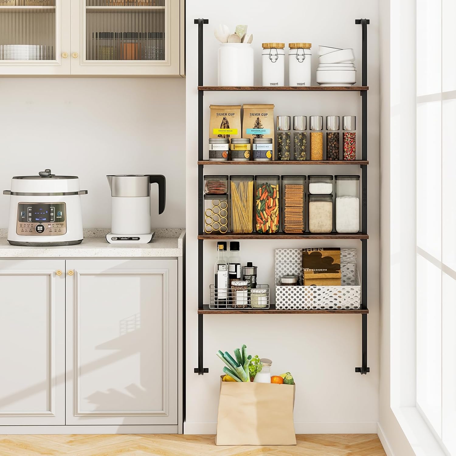 Giantex 4-Tier Industrial Bookshelf, Wall Mounted Pipe Shelving Unit, Floating Shelves with Metal