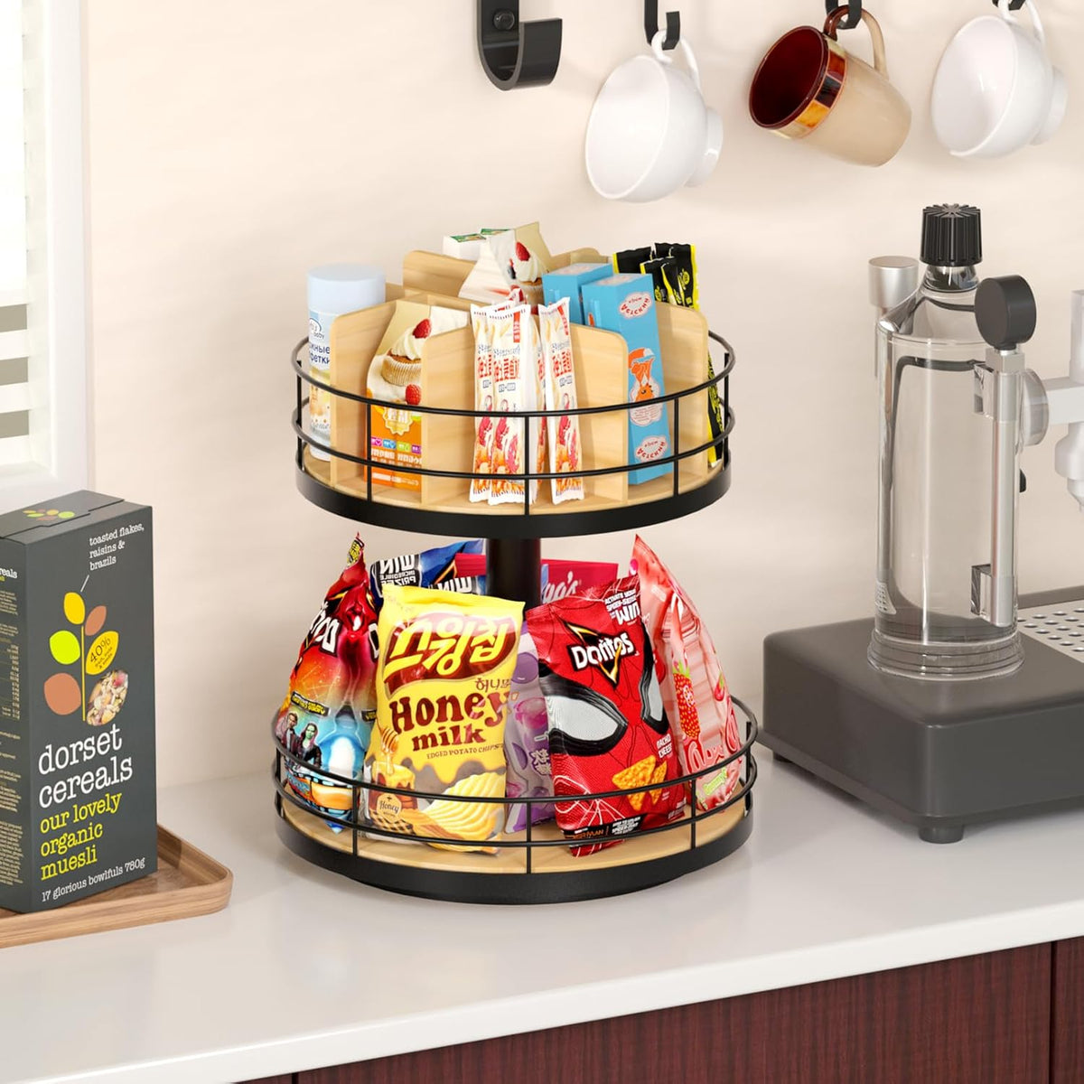 Snack Organizer - Versatile Snack Storage 2 Tier Lazy Susan with Convenient Grab-and-Go Design