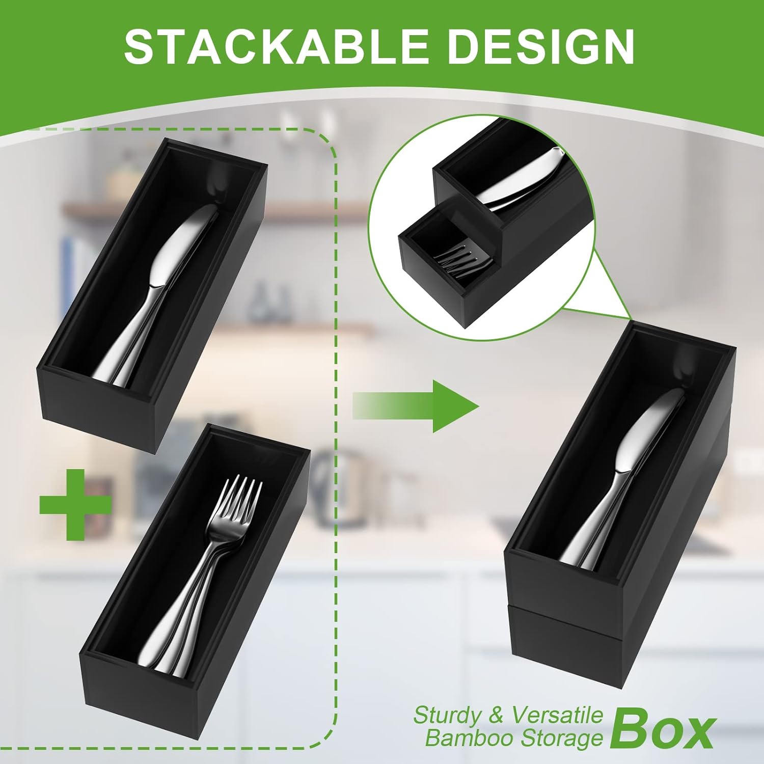 Premium Bamboo Kitchen Drawer Organizer - Set of 2, Stackable Utensils Holder, Storage Box Tray for