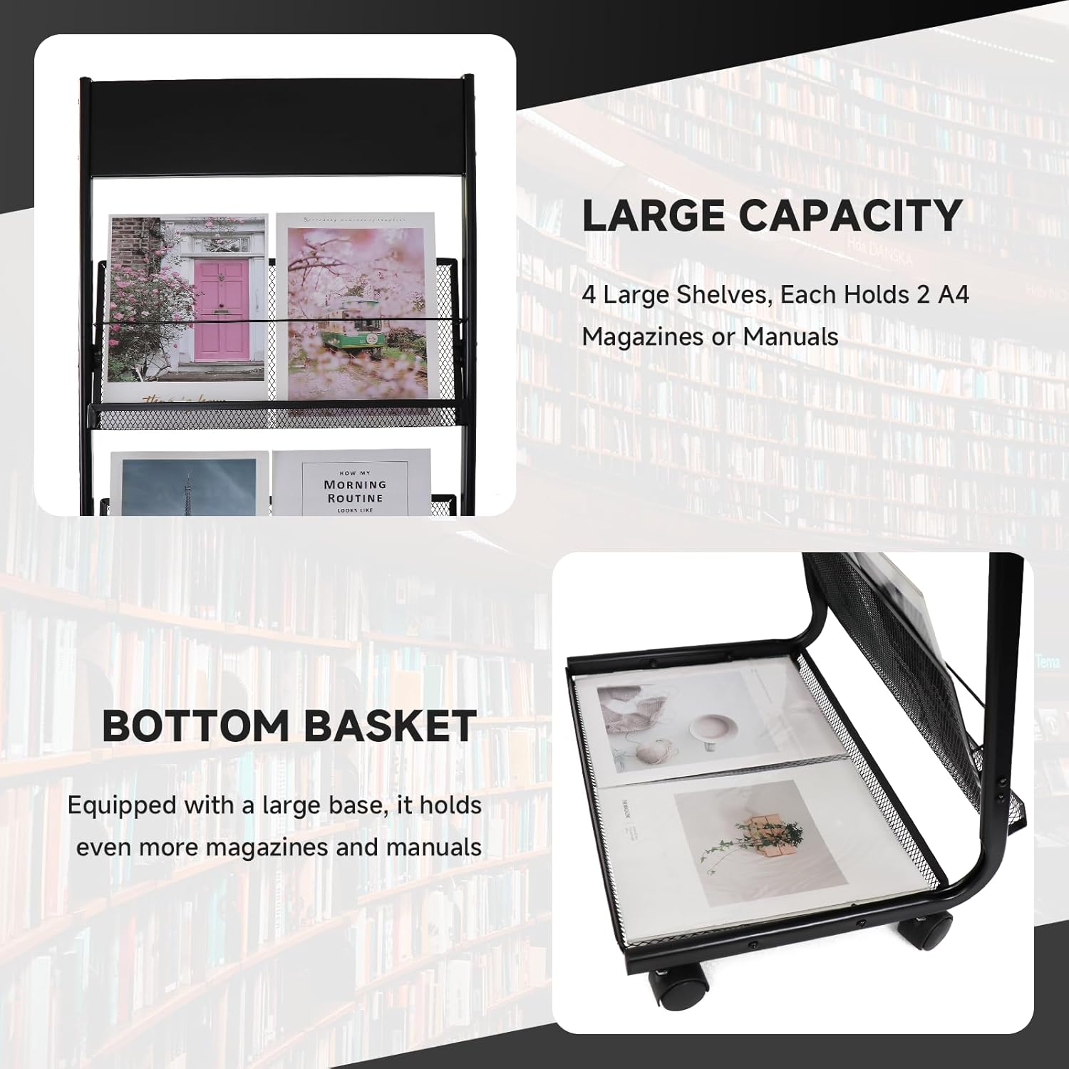 Floor-Standing Magazine Rack 4-Layer with Wheels, Brochure Display Stand for Exhibitions, Office