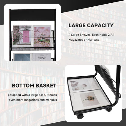 Floor-Standing Magazine Rack 4-Layer with Wheels, Brochure Display Stand for Exhibitions, Office