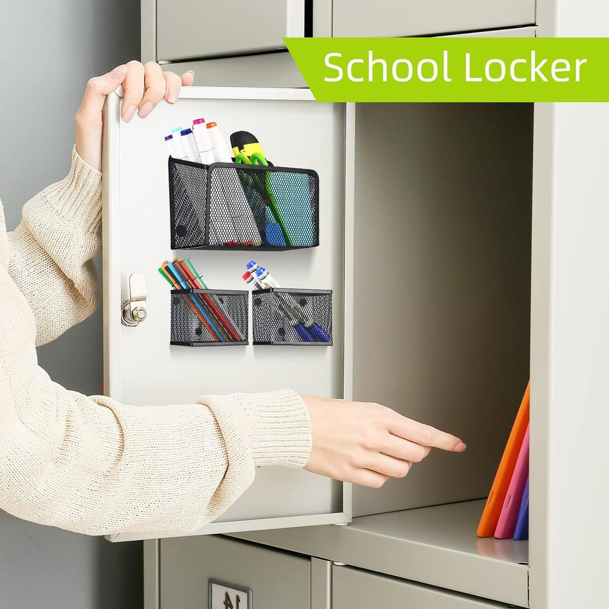 Neudeco Locker Shelf Organizer, Magnetic Pencil Holder, Metal Storage Basket for Whiteboard