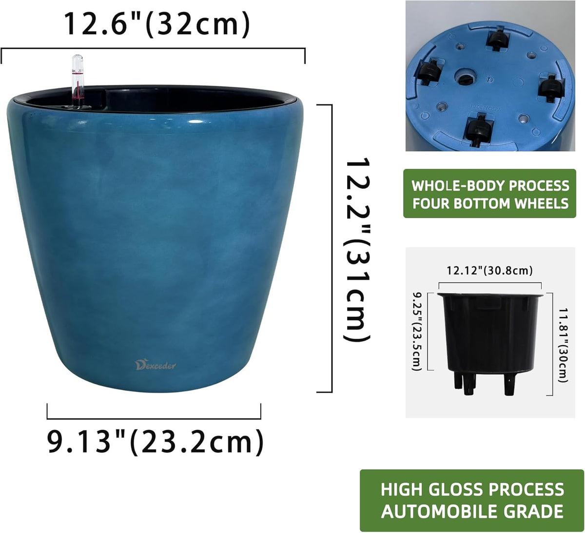 Dexceder 13x12 Self Watering Planter with Wheels Indoor Outdoor, Inner Pot Design, Thickened Large