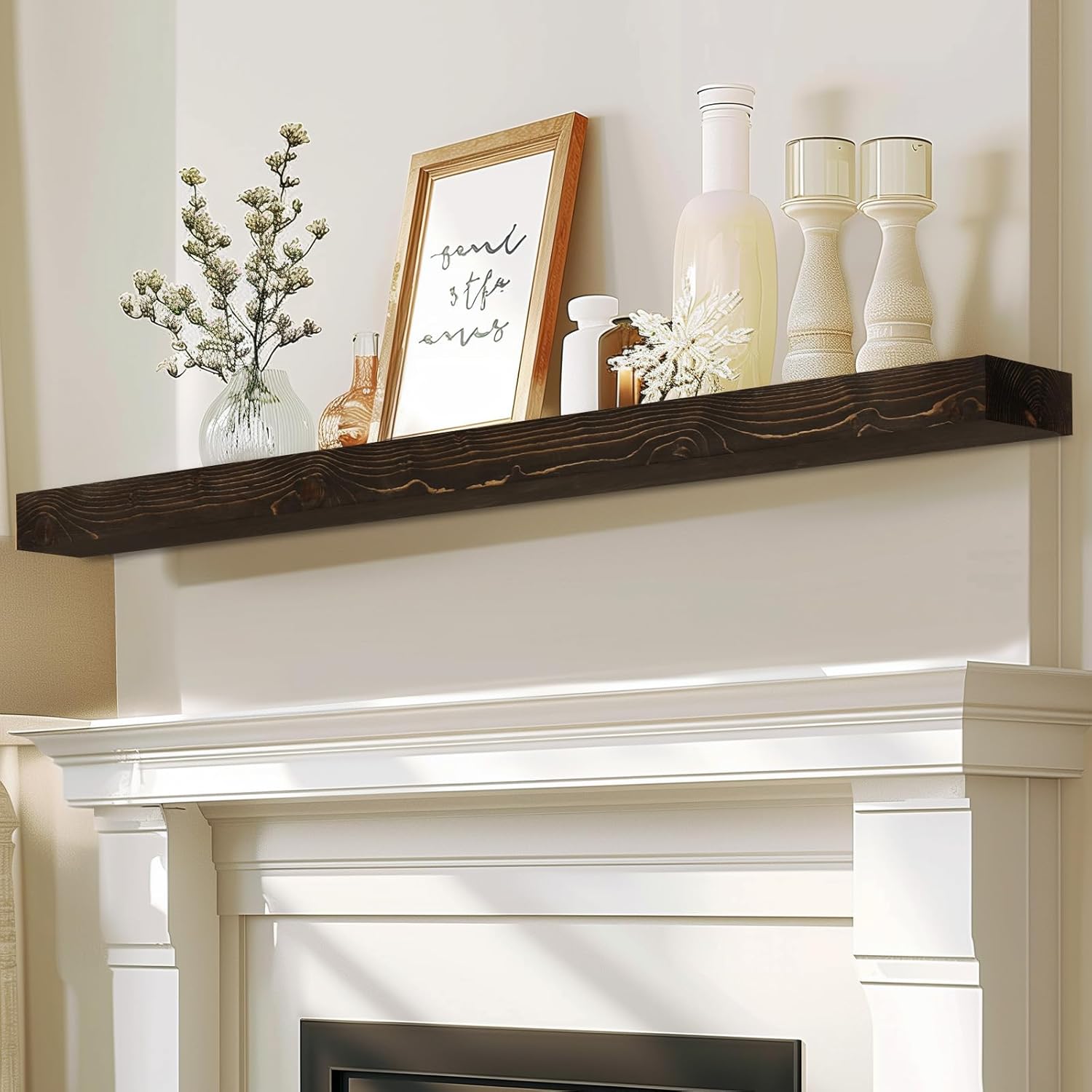 60x8x3 Fireplace Mantel - Solid Rustic Wood - Wall Mounted Floating Shelf with Invisible Heavy Duty