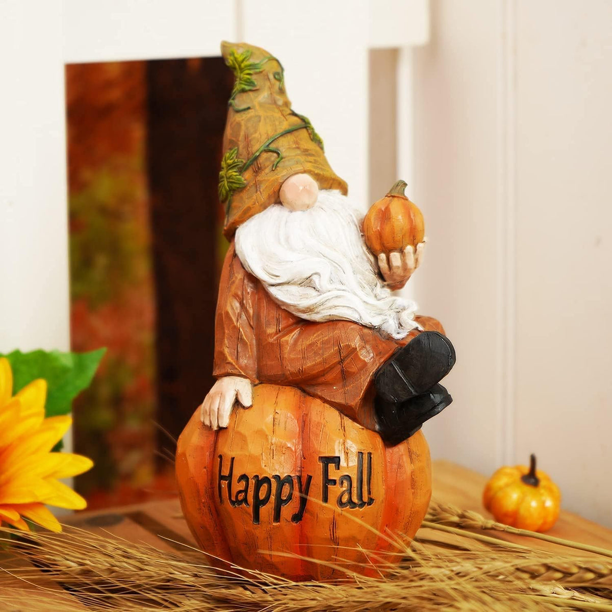 Topadorn Fall Garden Gnome Figurine Sitting on Pumpkin Statue Autumn Harvest Garden Gnomes Statue