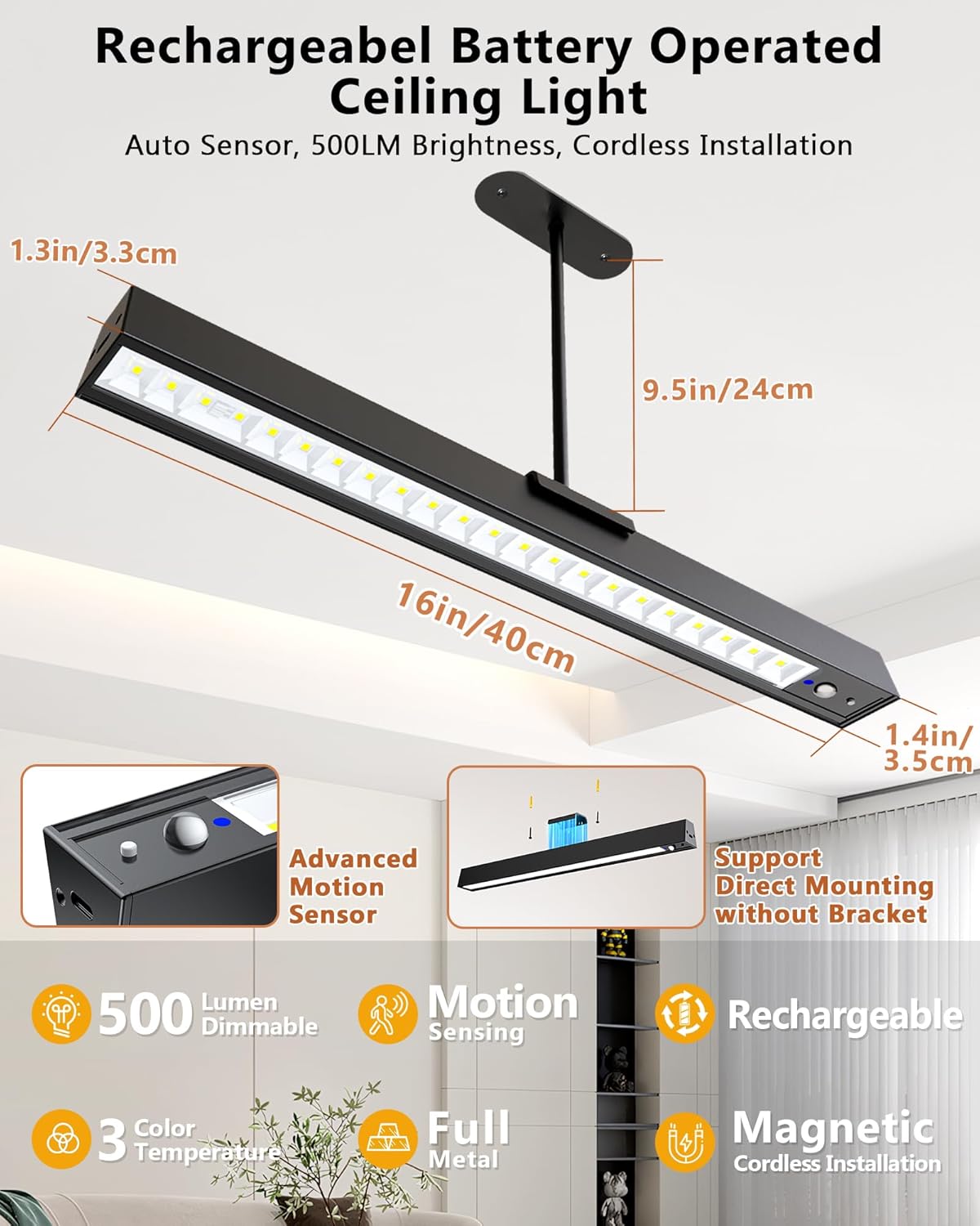 Rechargeable Motion Sensor Ceiling Light, Full Metal Pendant Lights, Battery Operated LED Closet