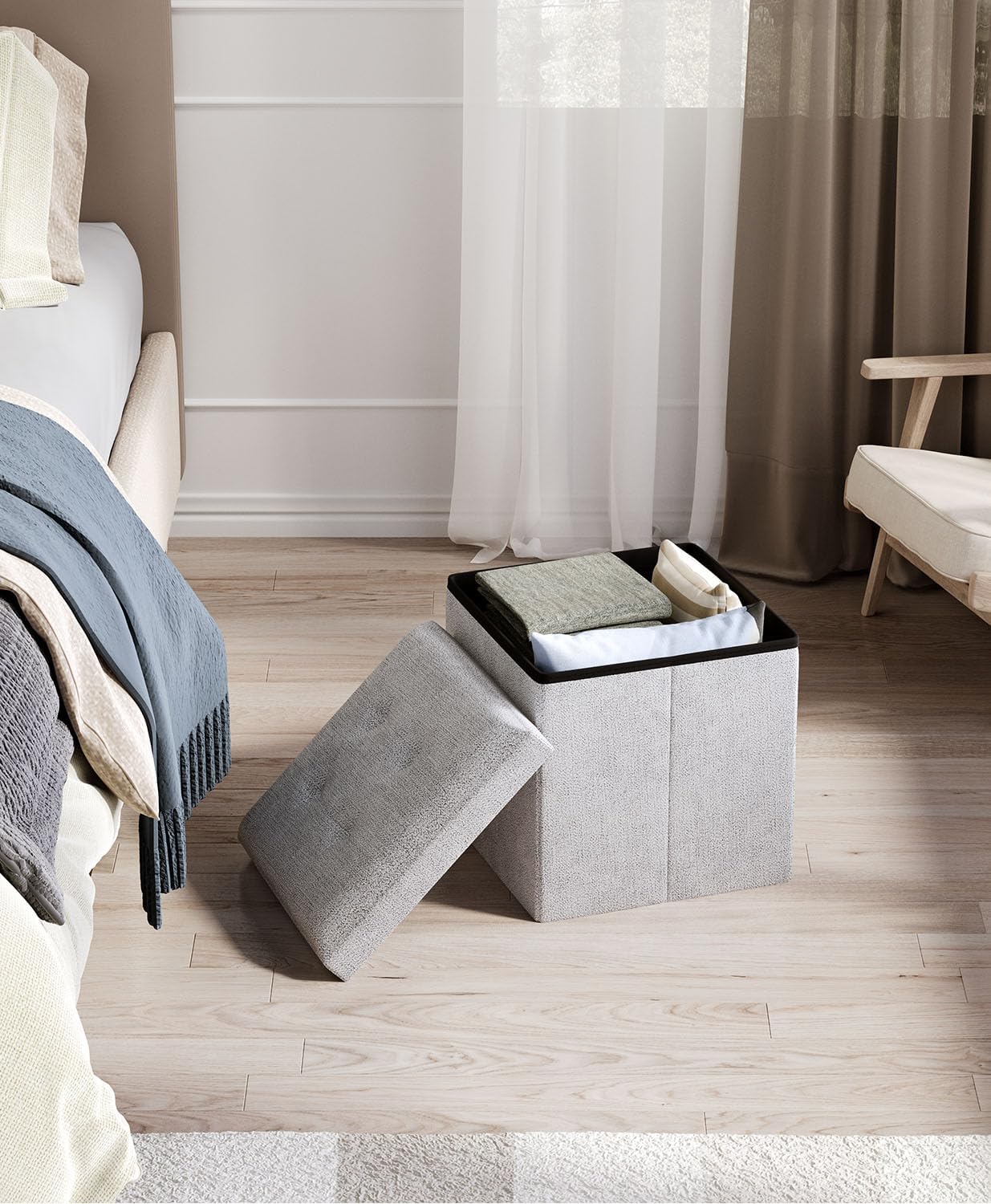 15 Inches Small Folding Storage Ottoman Cube, Storage Footrest, Foot Rest Stool, for Living Room