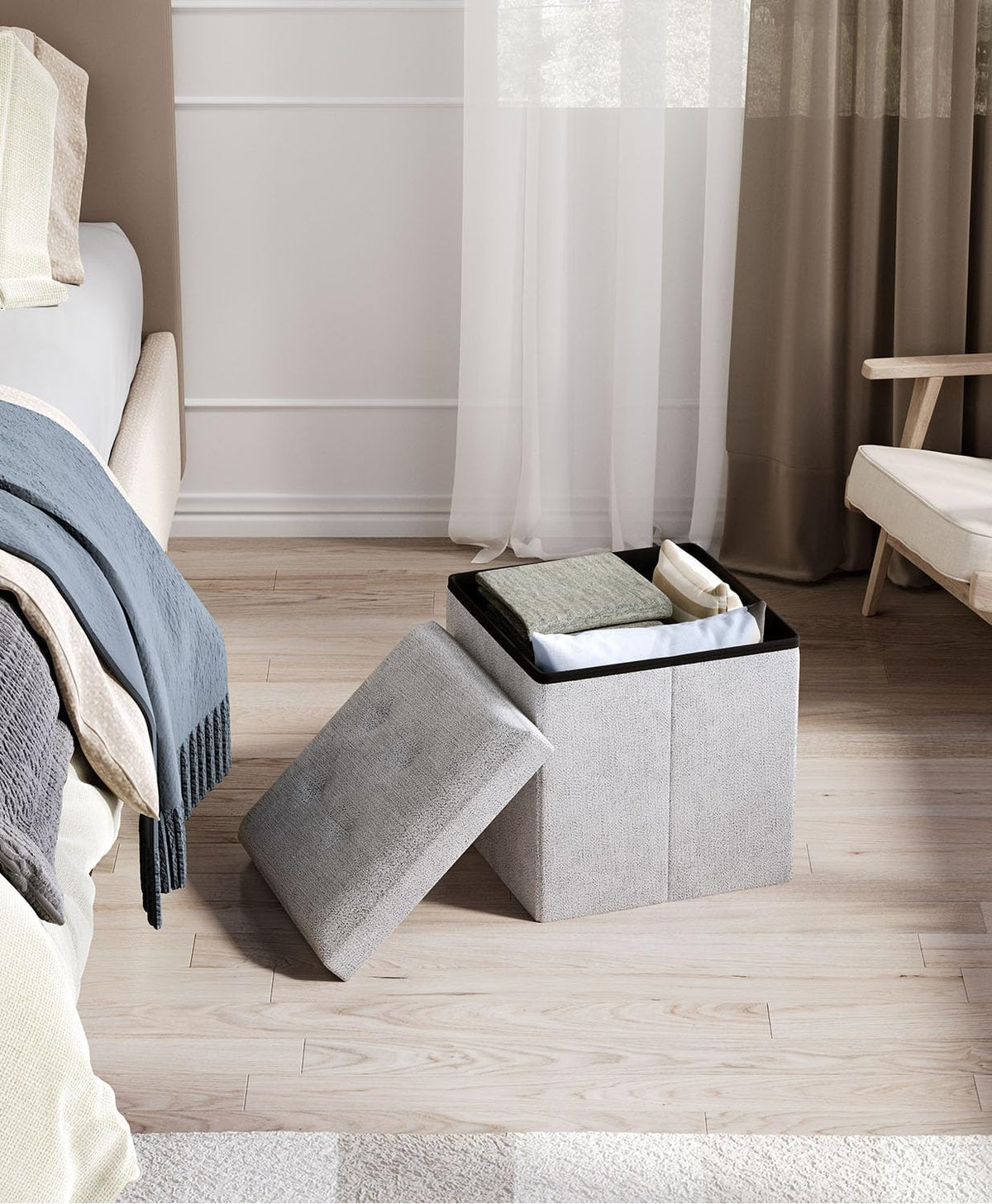 15 Inches Small Folding Storage Ottoman Cube, Storage Footrest, Foot Rest Stool, for Living Room