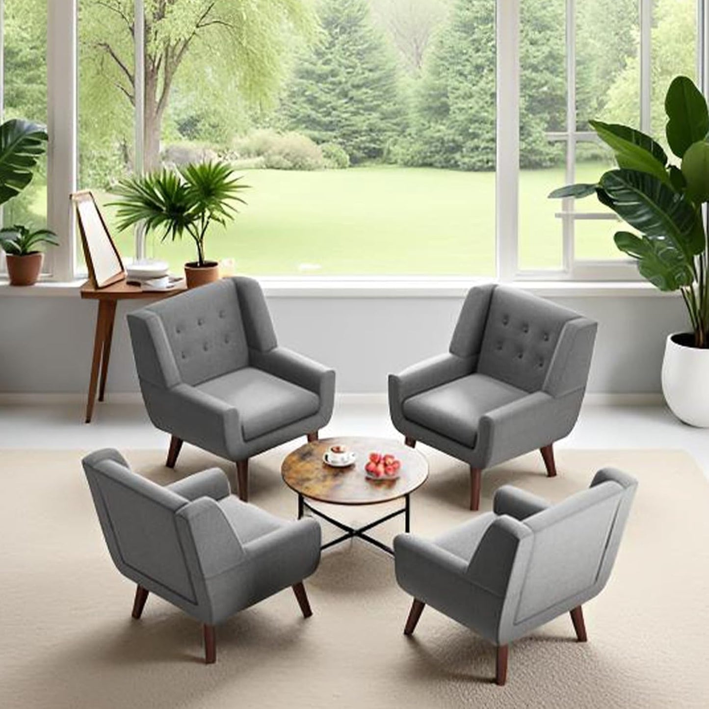 HUIMO Accent Chairs Set of 4, Upholstered Button Tufted Armchair, Linen Fabric Sofa Chairs for
