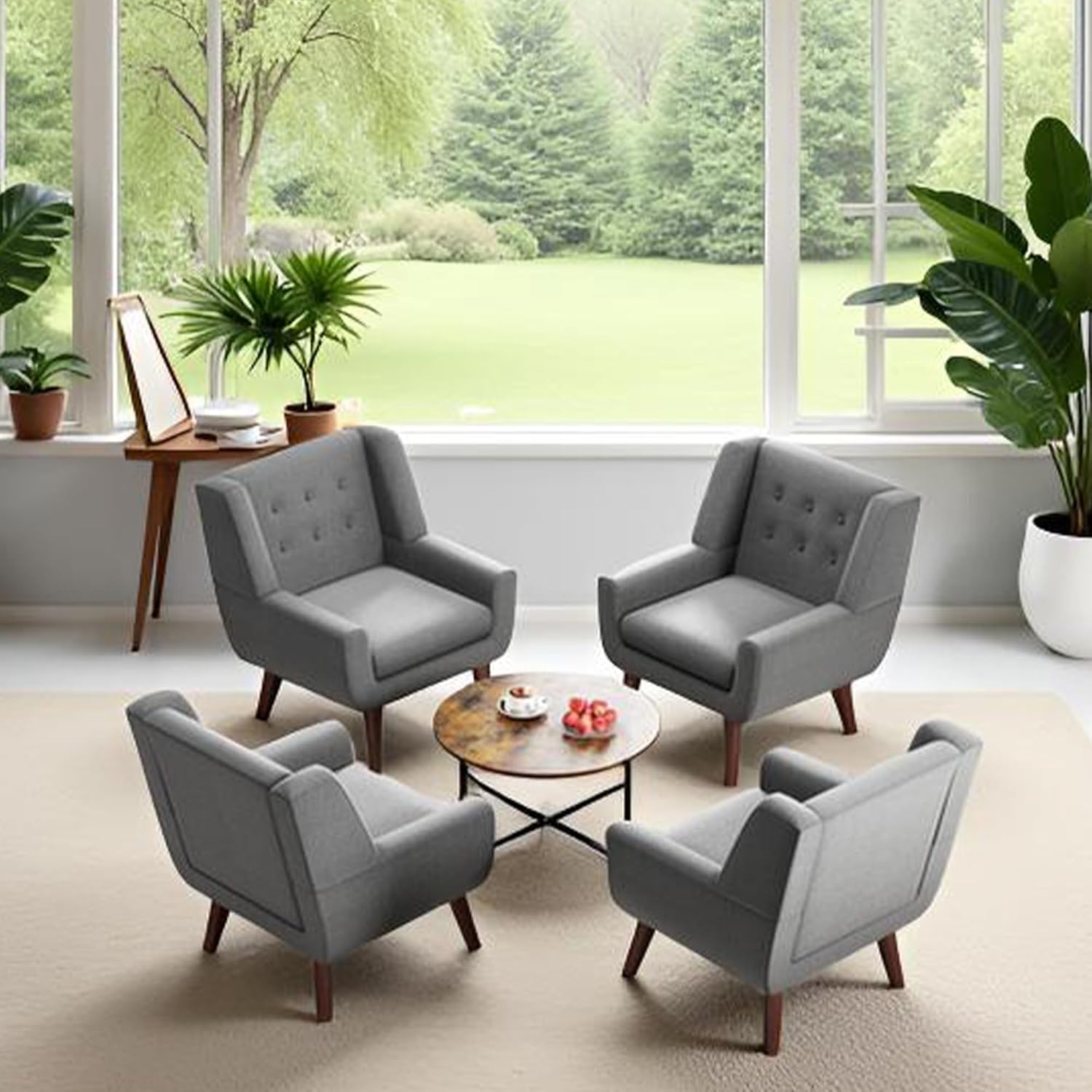 HUIMO Accent Chairs Set of 4, Upholstered Button Tufted Armchair, Linen Fabric Sofa Chairs for