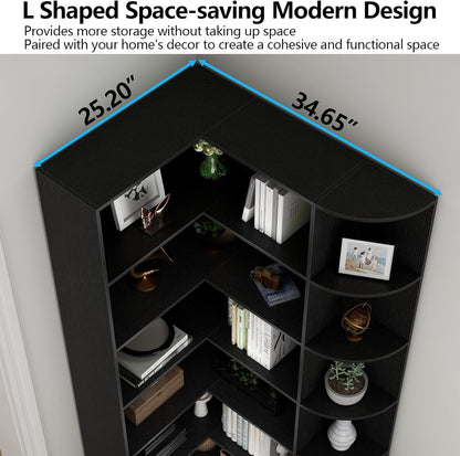 Loomie Black Book Shelf, 6 Tiers Shelf Large Tall Corner Etagere Bookcase with Full Baffle