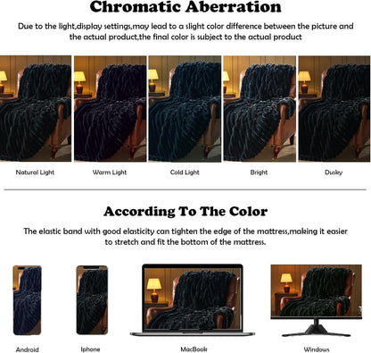 NEWCOSPLAY Faux Fur Twin Blanket Black 3D Ribbed Plush Thick Warm Blanket for Couch Sofa Bed 850GSM