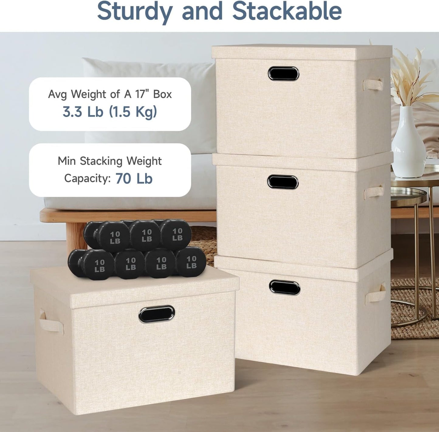 Large 17" 36 Quart Collapsible Stackable Storage Bins with Lids, 3 Packs Light Orange Linen Fabric