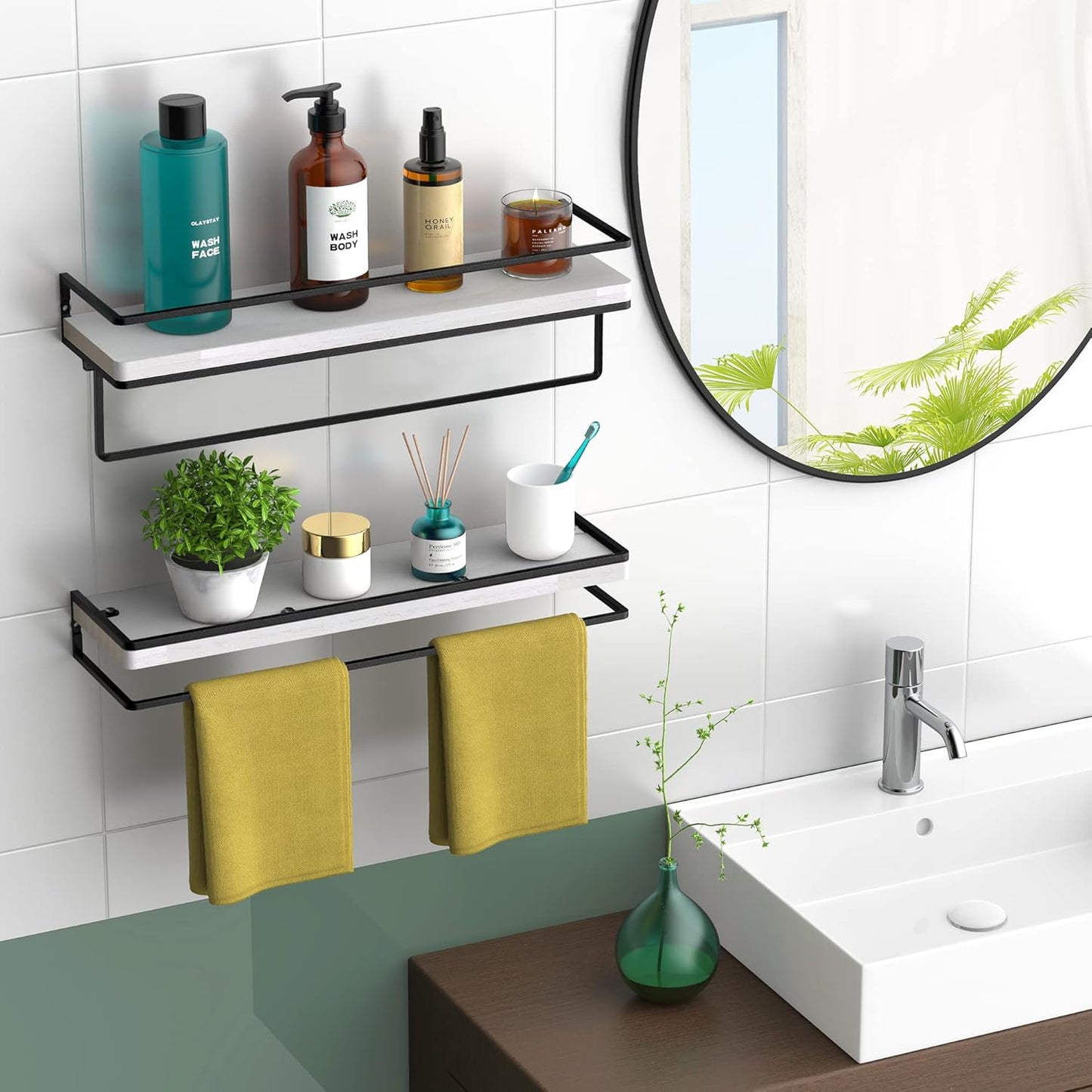 Meangood Floating Shelves Wall Mounted Set of 2, Wall Shelf with Towel Bar Rustic Wood Wall Storage