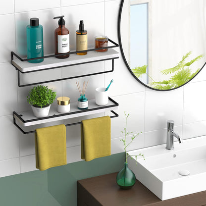 Meangood Floating Shelves Wall Mounted Set of 2, Wall Shelf with Towel Bar Rustic Wood Wall Storage