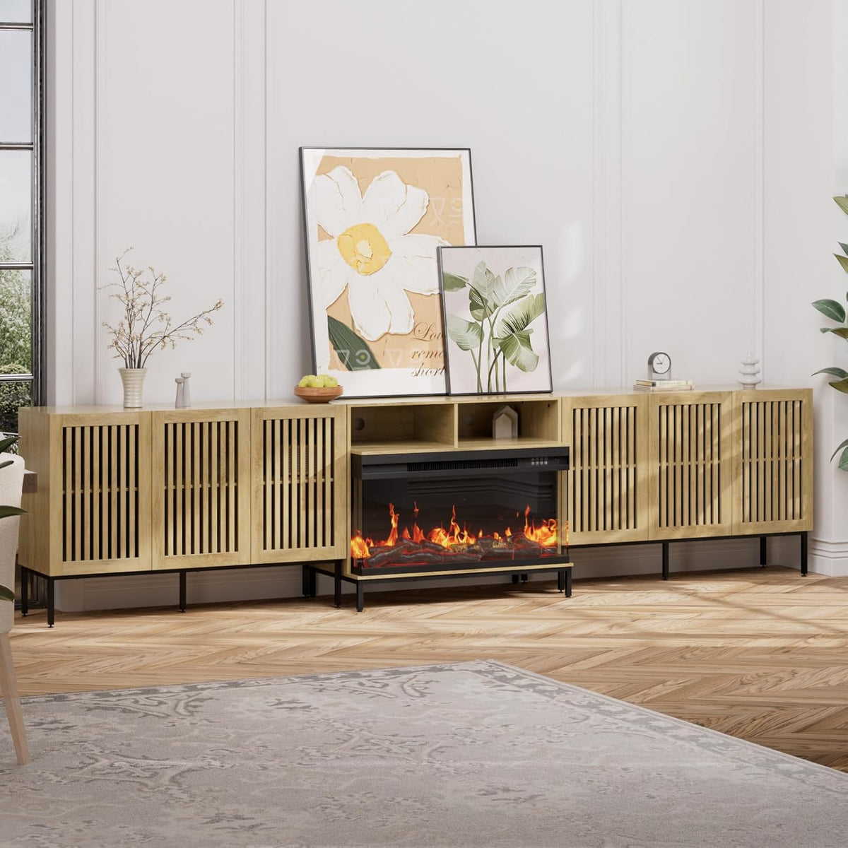 3-Sided Glass Farmhouse Fireplace TV Stand for TVs Up to 110 Inch, Oak Entertainment Center with