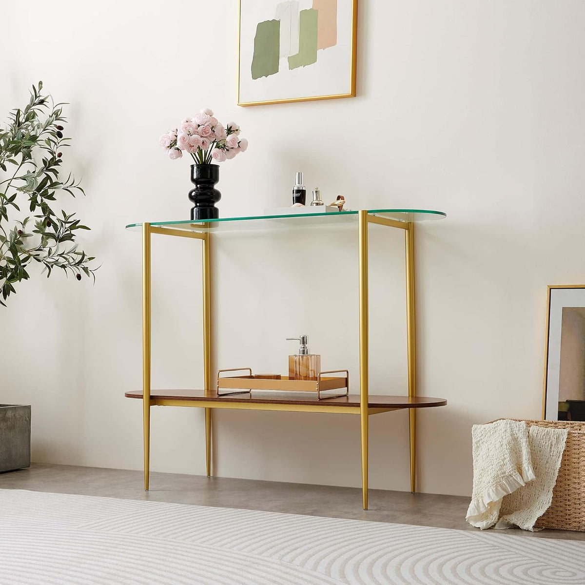 Oval Glass Console Table for Living Room, Foyer & Entrance, 2-Tiers Mid-Century Modern Sofa Table