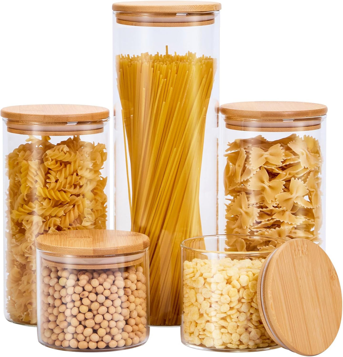 Glass Food Storage Jars with Lids[Set of 5], Perfect for Pasta, Cookies, Nuts, Coffee, Cereal