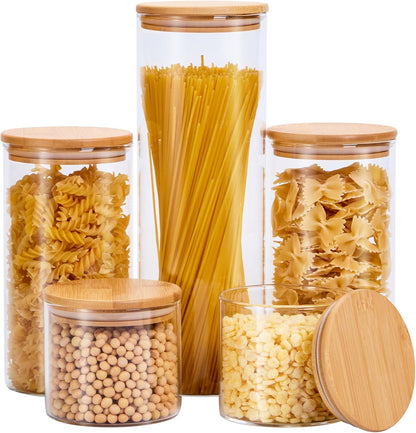 Glass Food Storage Jars with Lids[Set of 5], Perfect for Pasta, Cookies, Nuts, Coffee, Cereal