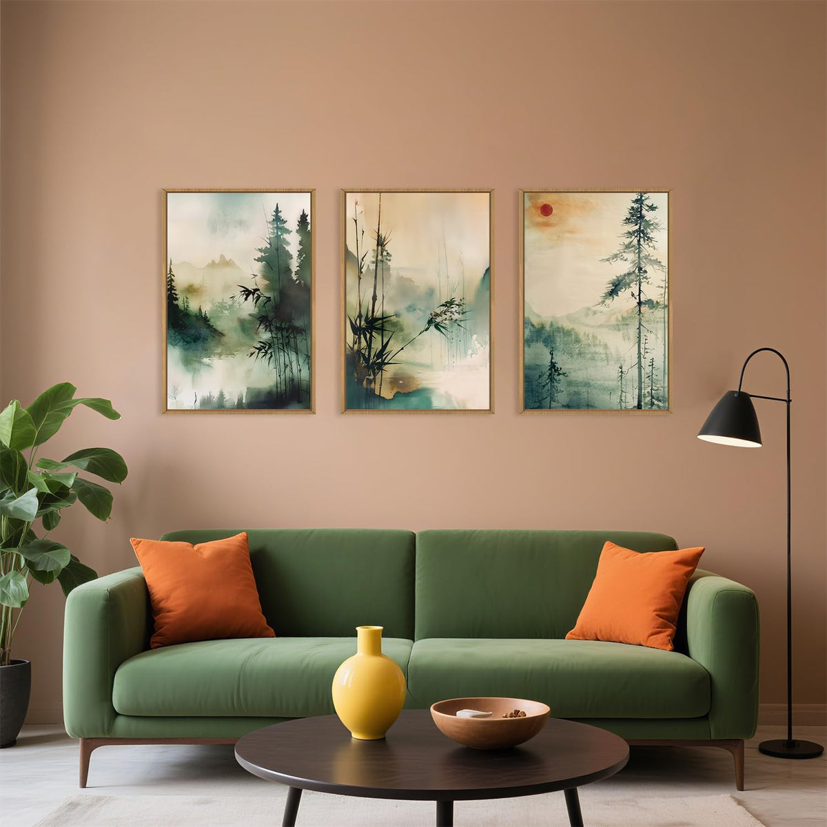 Chinoiserie Nature Framed Canvas Wall Art Set, Mountain and Forest Landscape Painting, Natural