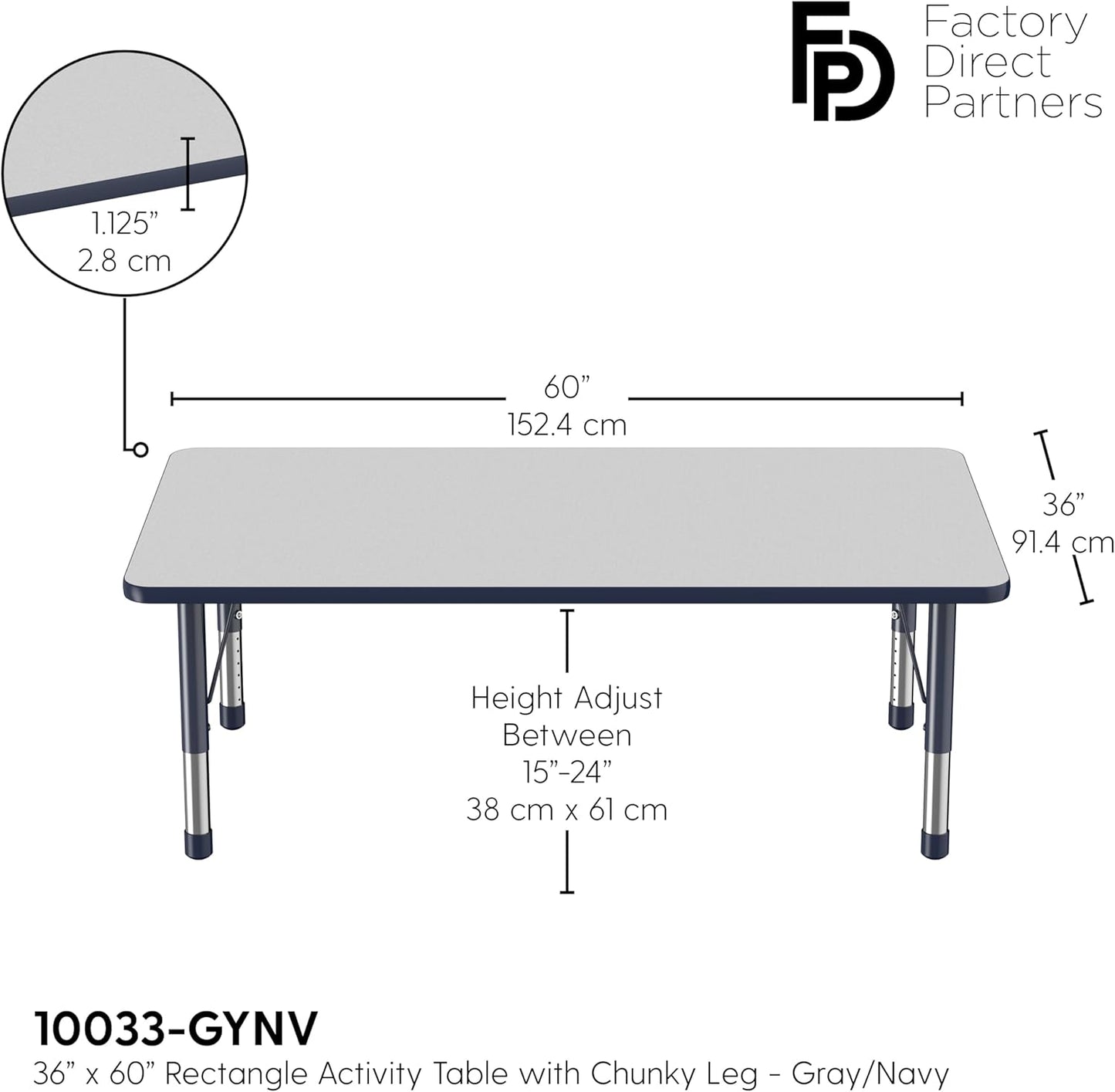 FDP Rectangle Activity School and Classroom Kids Table (36 x 60 inch), Toddler Leg, Adjustable