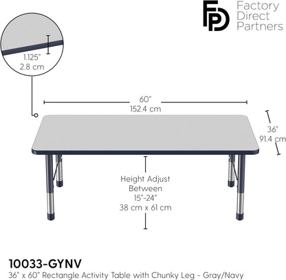 FDP Rectangle Activity School and Classroom Kids Table (36 x 60 inch), Toddler Leg, Adjustable
