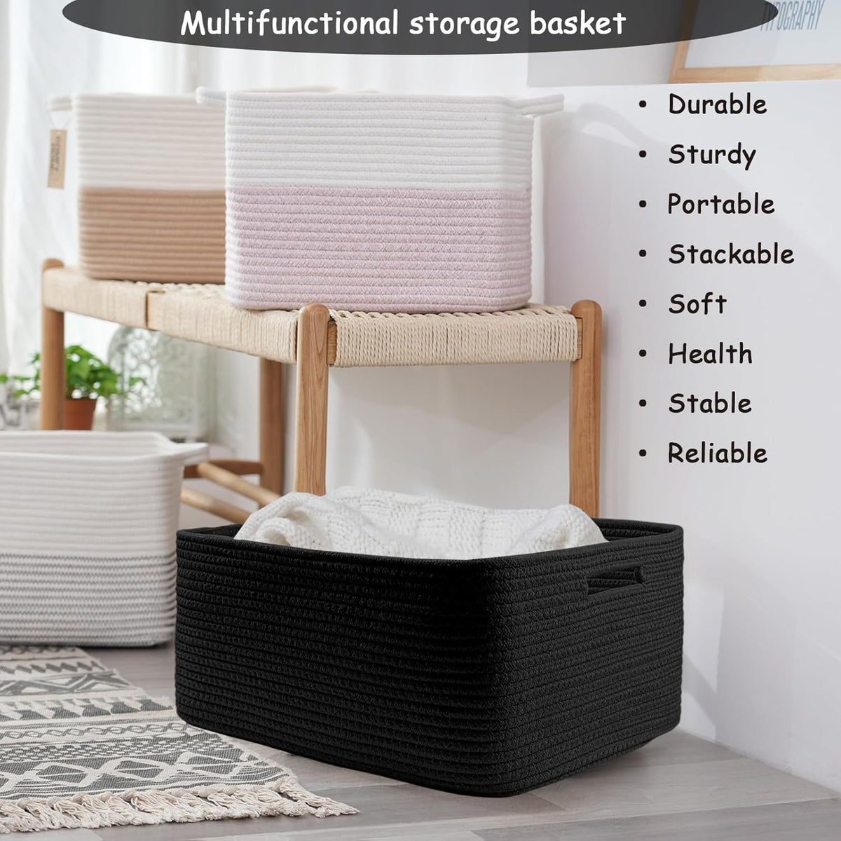 COMFY-HOMI Cotton Rope Woven Basket with Handles for Shelves,Toys,Book, Cloth Storage Baskets for