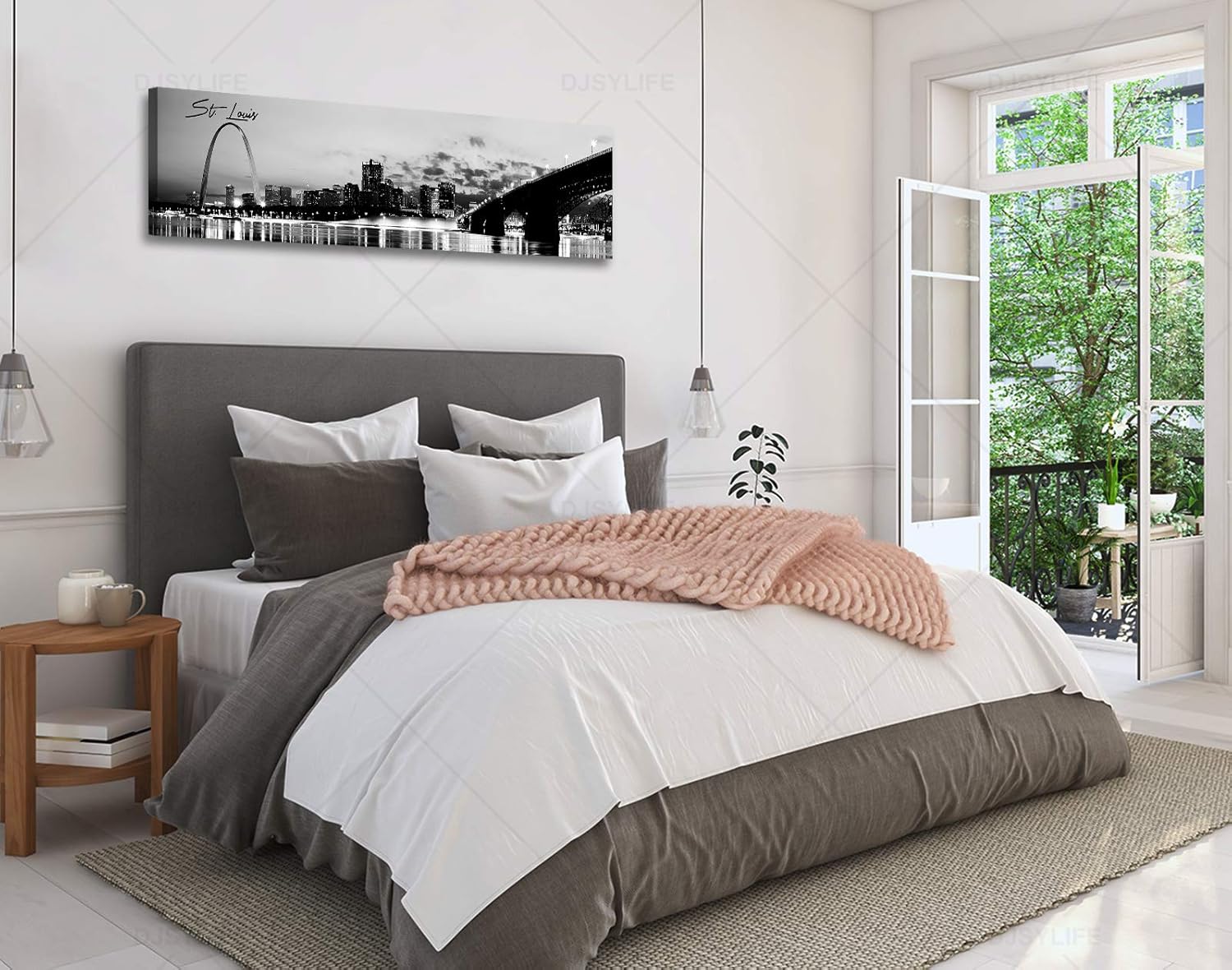 DJSYLIFE Panoramic St. Louis Skyline Wall Art Cityscape Picture Black and White Canvas Print Night