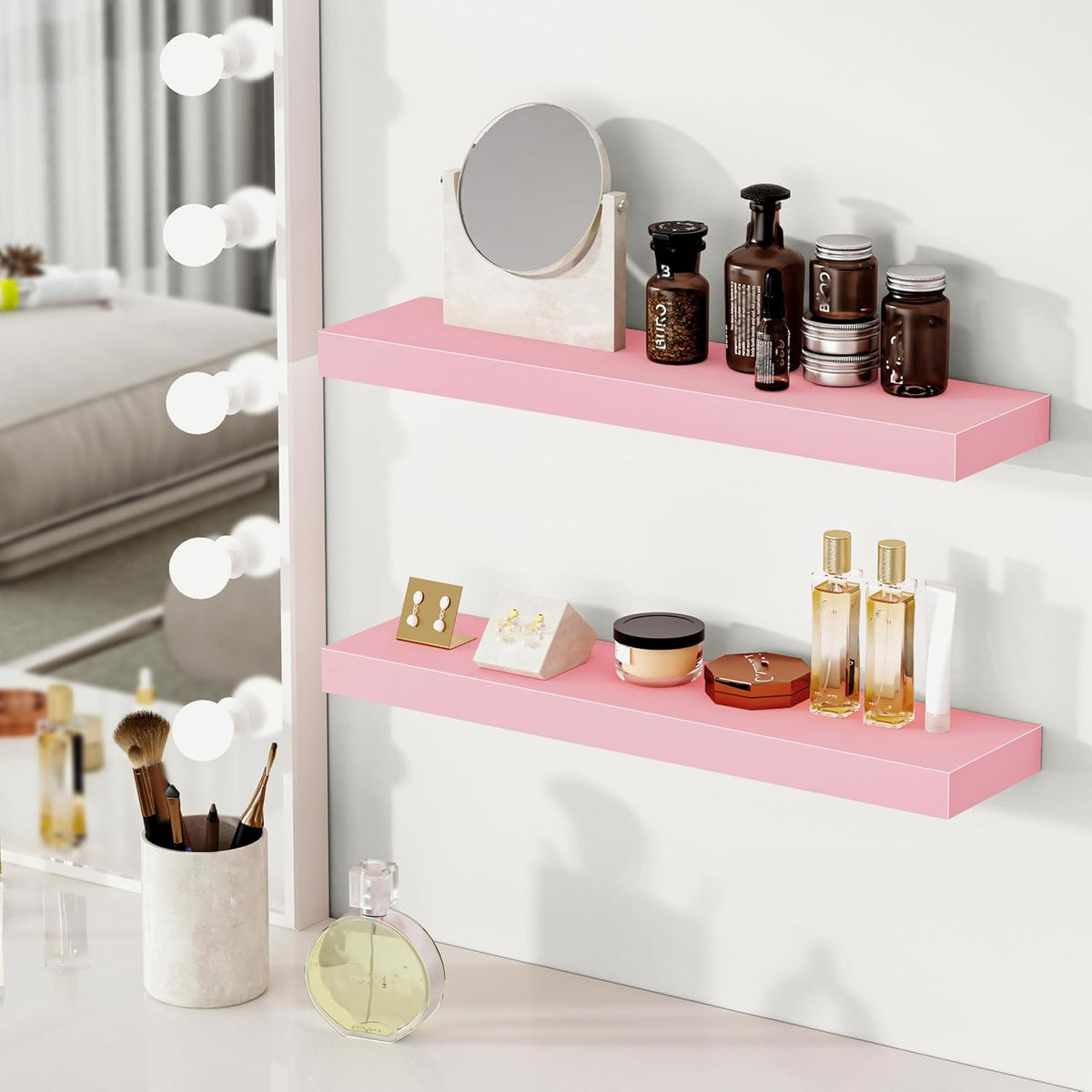 BAMEOS Pink Floating Shelves for Wall, 24" x 6" Wall Shelves for Room, Floating Book Shelves
