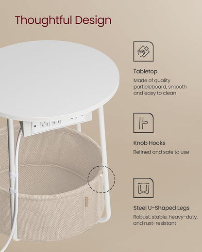 VASAGLE Side Table with Charging Station, Round End Table with Fabric Basket, Nightstand with Power
