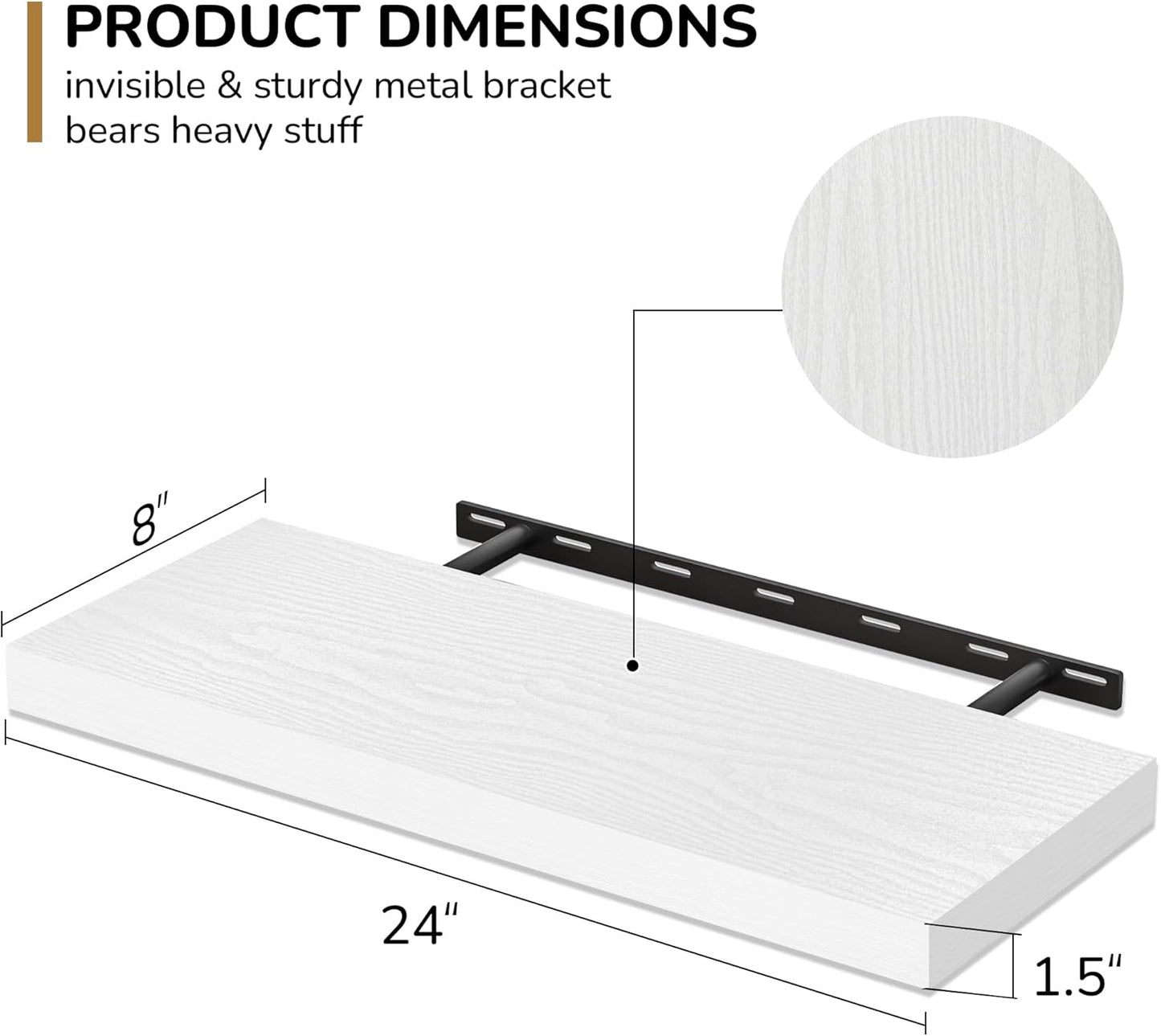Fun Memories 24 Inch Floating Shelves - Deep Rustic White Wooden Wall Shelves - Extra Deeper &