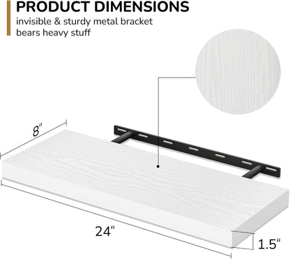 Fun Memories 24 Inch Floating Shelves - Deep Rustic White Wooden Wall Shelves - Extra Deeper &
