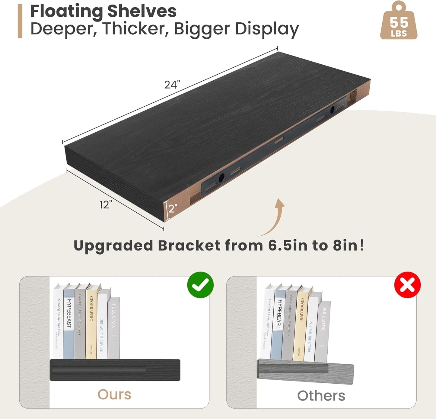 Heimlove 24 x 12 Inch Deep Floating Shelves Wall Mounted with Invisible Brackets,Storage Hanging